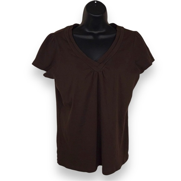 LARGE ST JOHNS BAY BROWN SHORT SLEEVE TOP PUFF SLEEVE VNECK COTTON - Picture 1 of 12